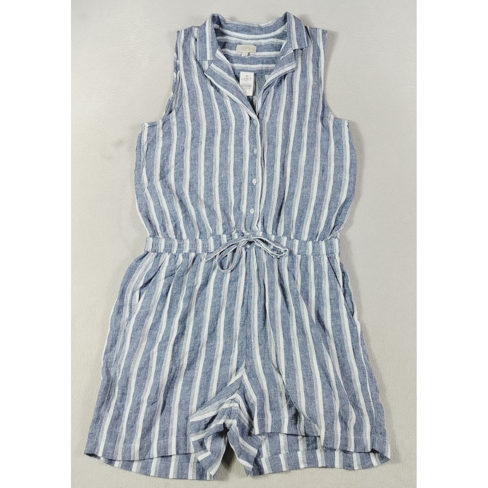LOFT Outlet Romper Womens 8 Blue White Stripe Linen Blend Collared Button Front
